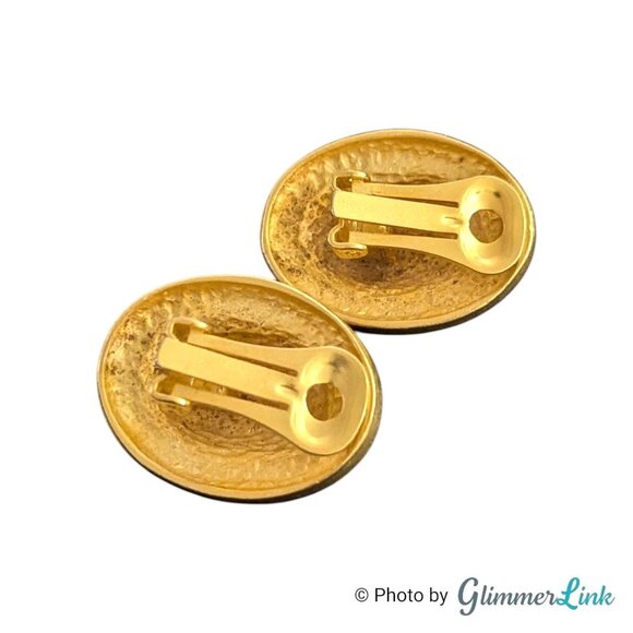 Vintage Chunky Matte Gold Tone Oval Clip On Earrings • Bold 1980s Domed Earrings - Picture 6 of 7